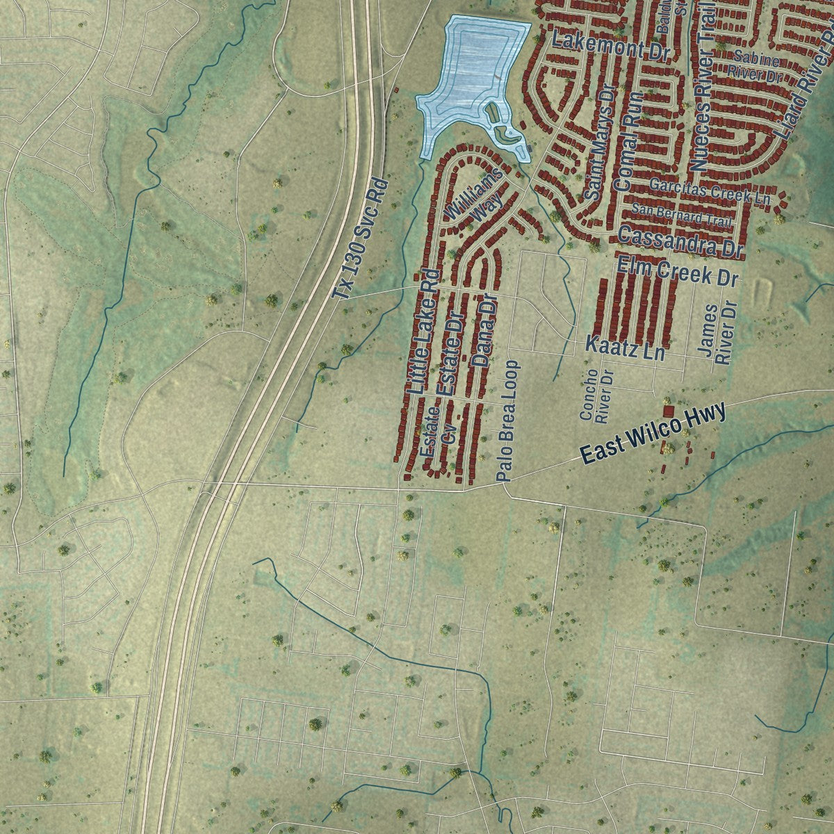 Second close-up of the map of Hutto, Texas print showing more streets and buildings