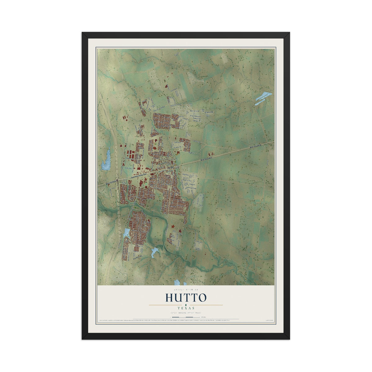 Map of Hutto, Texas, 12 x 18 inch print in a black wood frame
