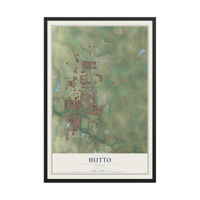 Map of Hutto, Texas, 12 x 18 inch print in a black wood frame