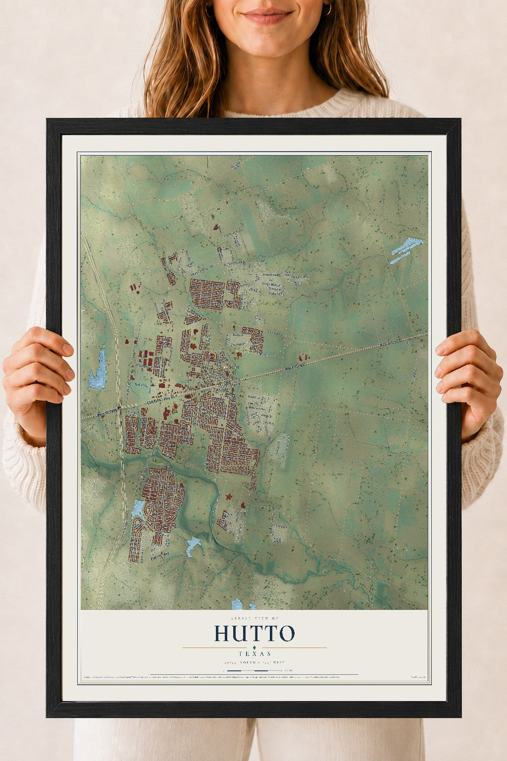 Map of Hutto, Texas, 18 x 24 inch print in a black wood frame