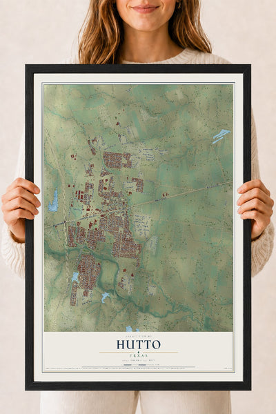 Map of Hutto, Texas, 18 x 24 inch print in a black wood frame