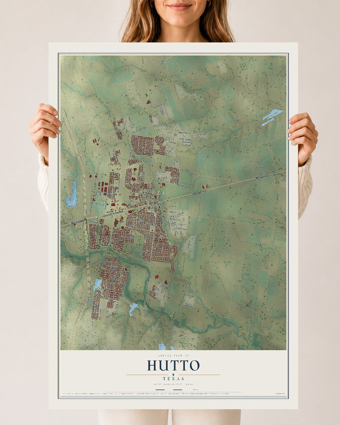 Map of Hutto, Texas, 24 x 36 inch unframed archival matte print