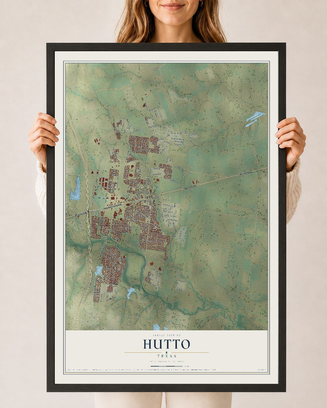 Map of Hutto, Texas, 24 x 36 inch print in a black wood frame