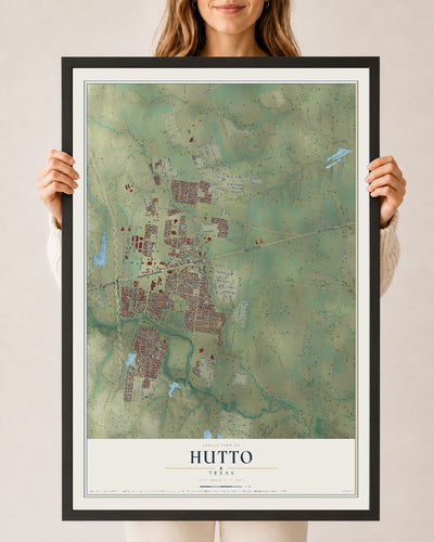 Map of Hutto, Texas, 24 x 36 inch print in a black wood frame