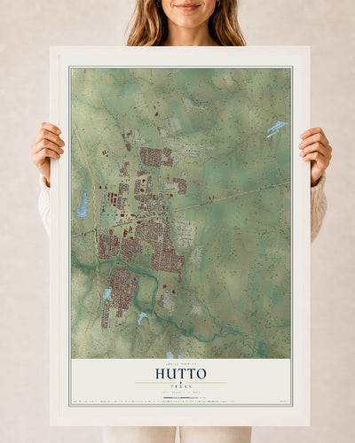 Map of Hutto, Texas, 24 x 36 inch print in a white wood frame