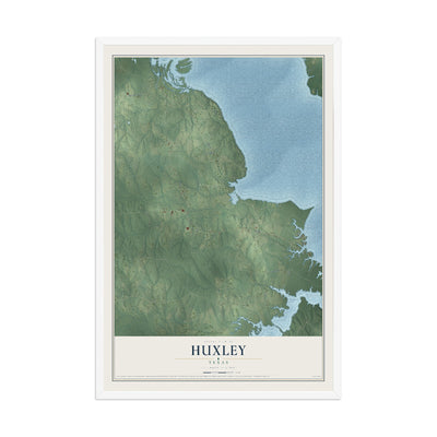 Map of Huxley, Texas, 12 x 18 inch print in a white wood frame