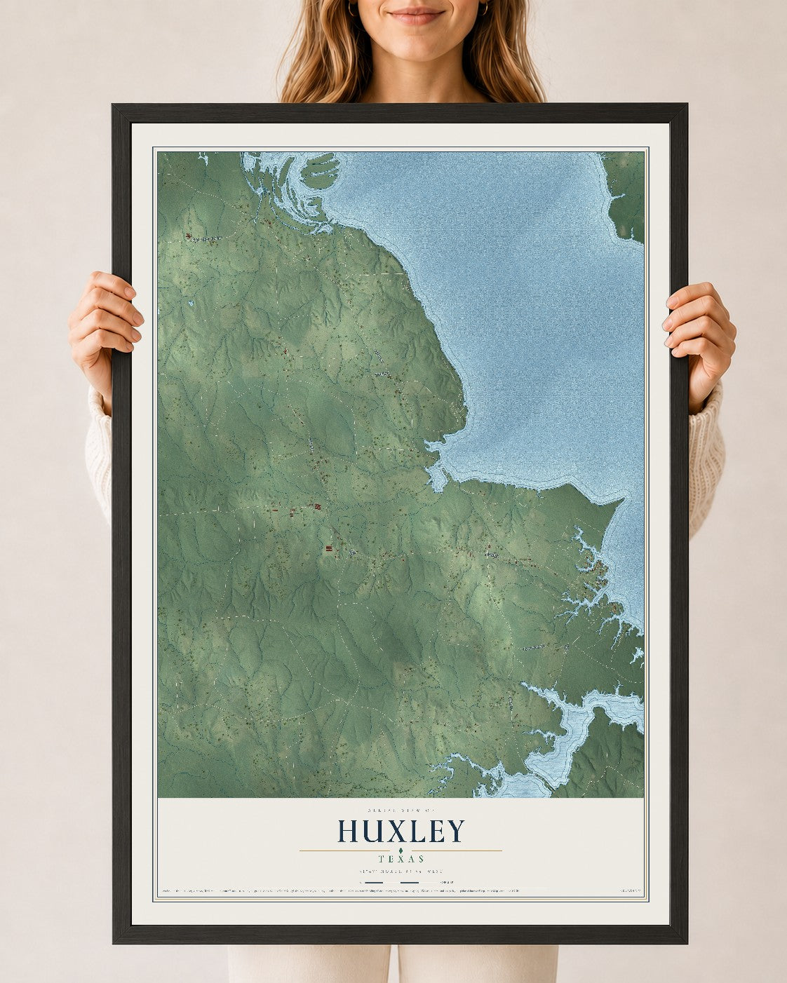 Map of Huxley, Texas, 24 x 36 inch print in a black wood frame