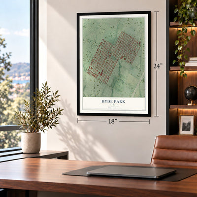 Hyde Park, Texas map, 18 x 24 inch print in a black frame in a home office
