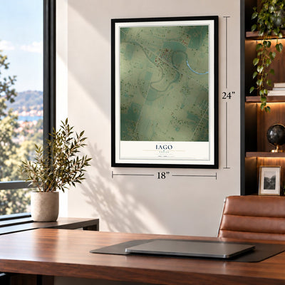 Iago, Texas map, 18 x 24 inch print in a black frame in a home office