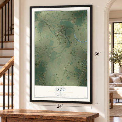 Iago, Texas map, 24 x 36 inch print in a black frame by a staircase