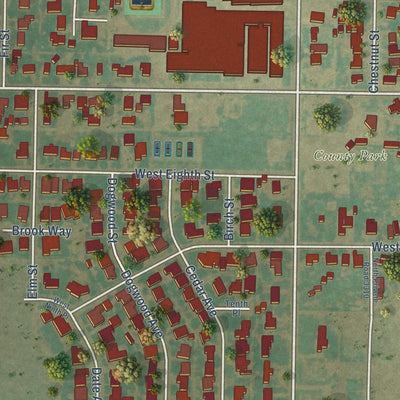 Second close-up of the map of Idalou, Texas print showing more streets and buildings