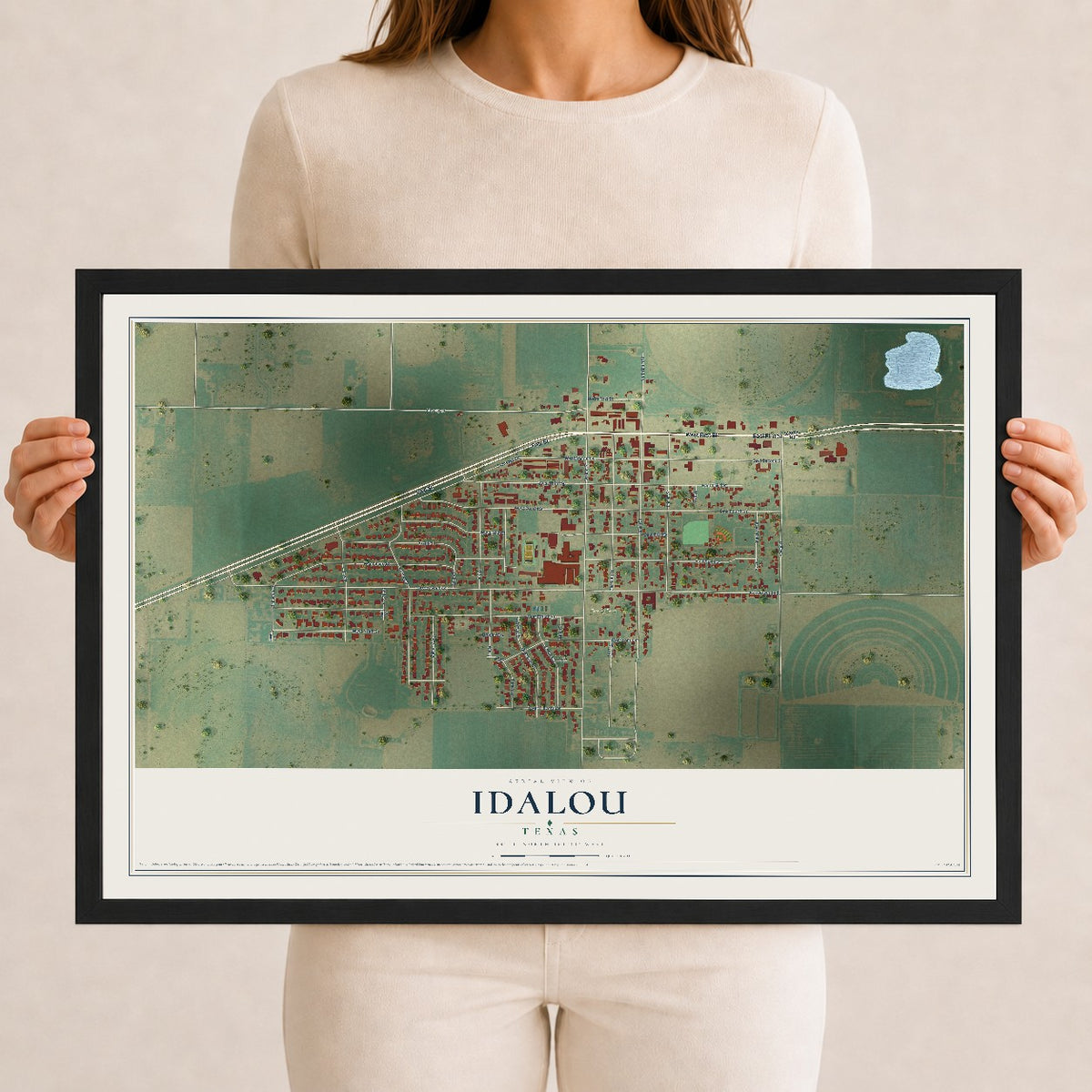 Map of Idalou, Texas, 12 x 18 inch print in a black wood frame