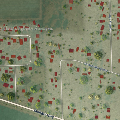 Close-up of the map of Iglesia Antigua, Texas print showing street and building detail
