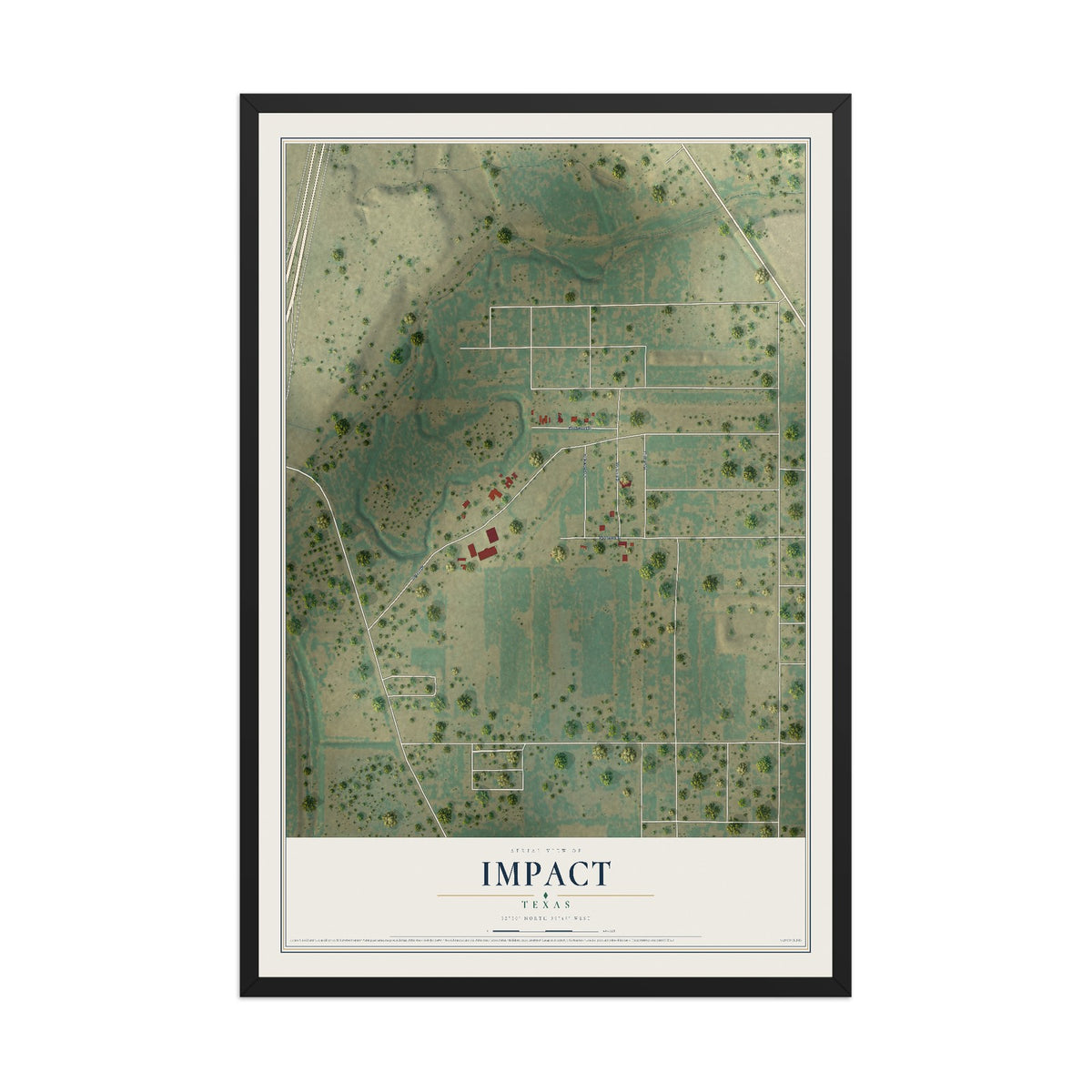 Map of Impact, Texas, 12 x 18 inch print in a black wood frame