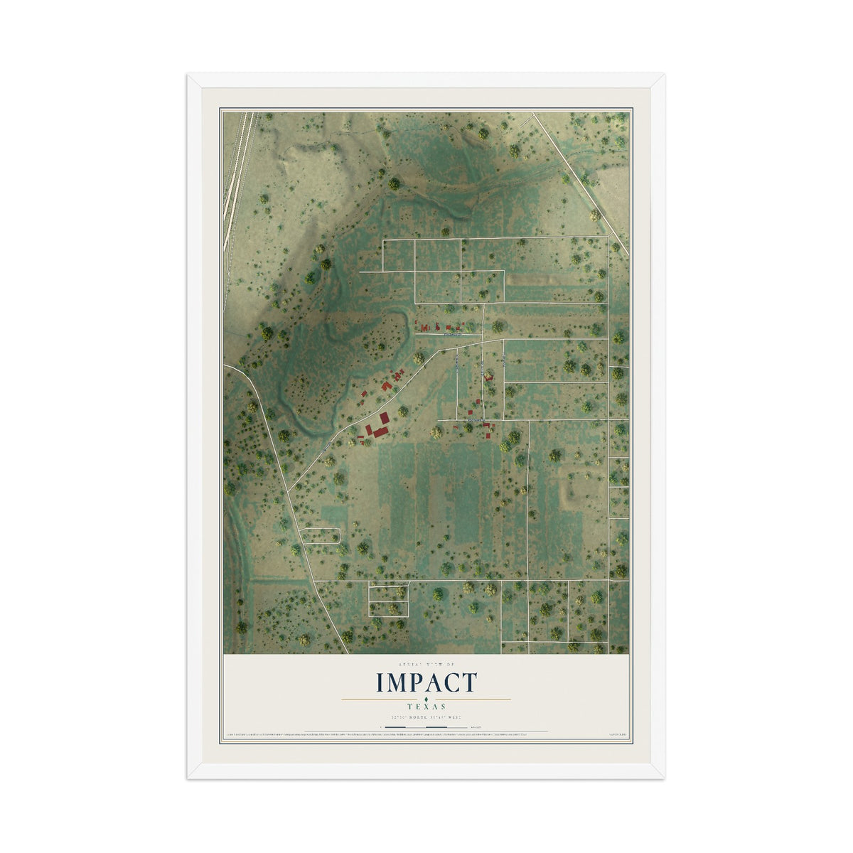 Map of Impact, Texas, 12 x 18 inch print in a white wood frame