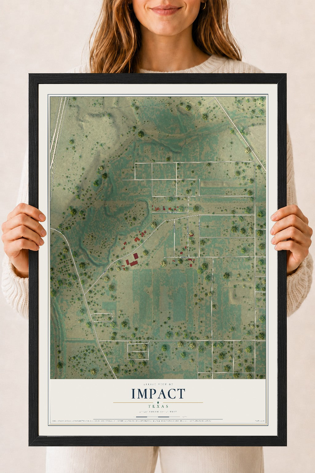 Map of Impact, Texas, 18 x 24 inch print in a black wood frame