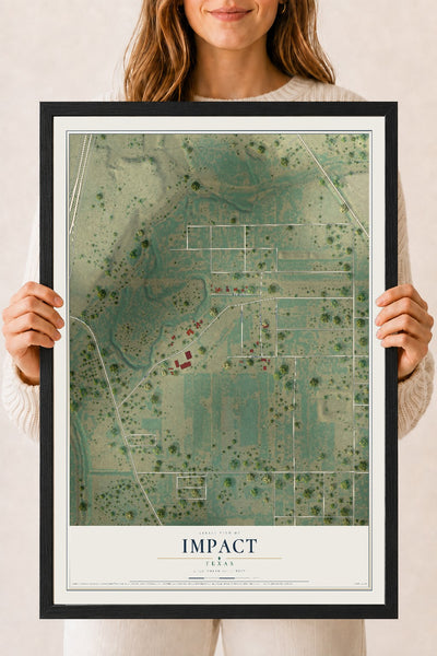 Map of Impact, Texas, 18 x 24 inch print in a black wood frame