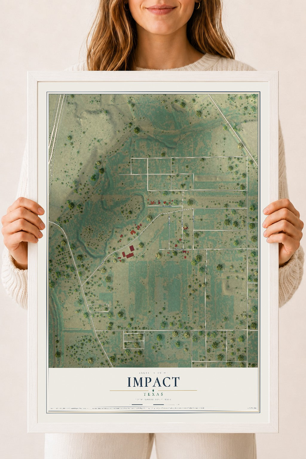 Map of Impact, Texas, 18 x 24 inch print in a white wood frame