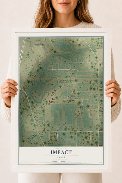 Map of Impact, Texas, 18 x 24 inch print in a white wood frame