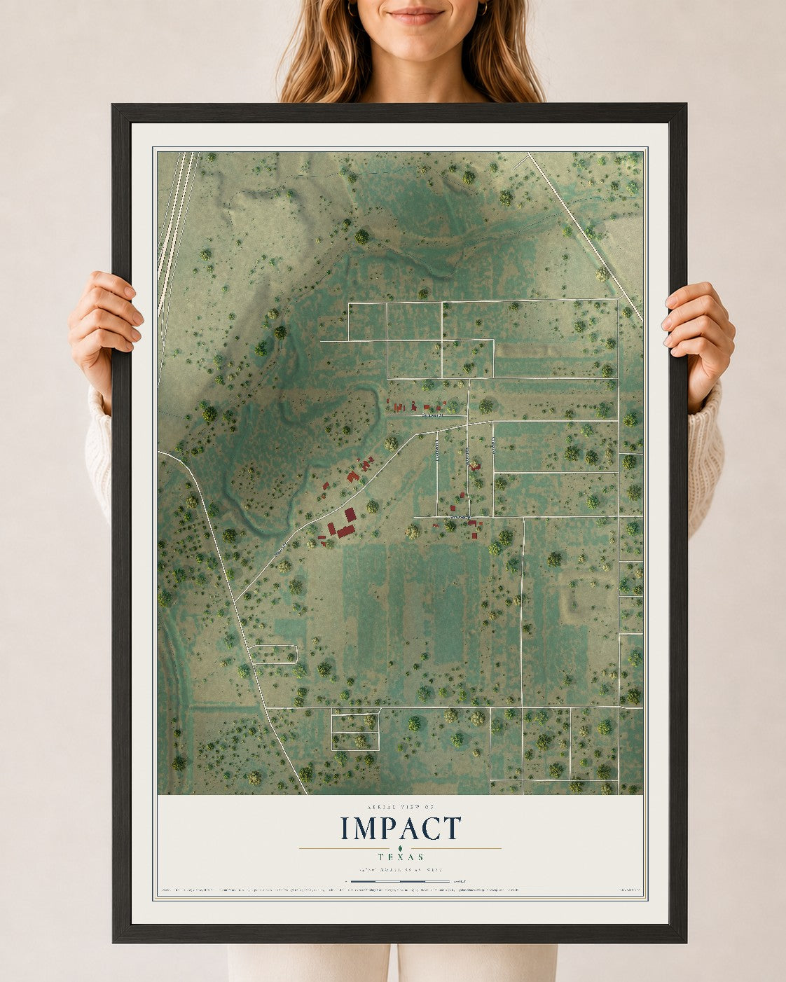 Map of Impact, Texas, 24 x 36 inch print in a black wood frame
