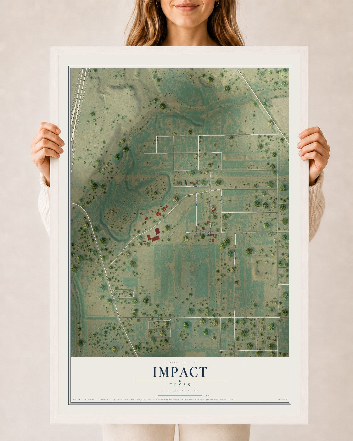 Map of Impact, Texas, 24 x 36 inch print in a white wood frame