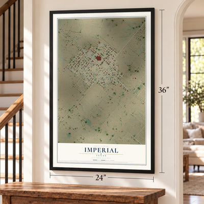 Imperial, Texas map, 24 x 36 inch print in a black frame by a staircase