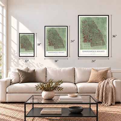 Independence Heights, Texas map in 12 x 18, 18 x 24 and 24 x 36 inch sizes above a sofa