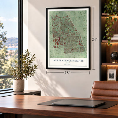 Independence Heights, Texas map, 18 x 24 inch print in a black frame in a home office