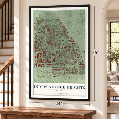 Independence Heights, Texas map, 24 x 36 inch print in a black frame by a staircase