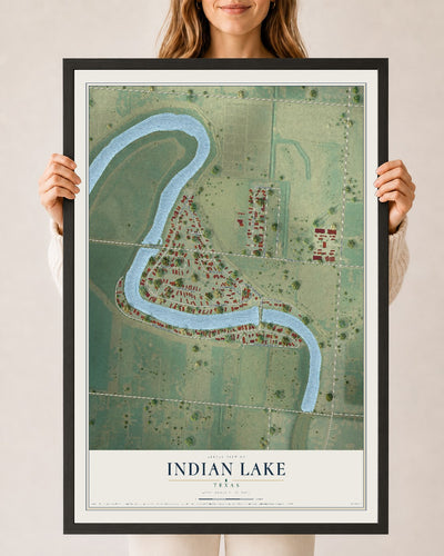 Map of Indian Lake, Texas, 24 x 36 inch print in a black wood frame