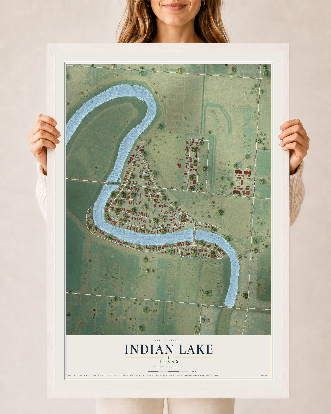 Map of Indian Lake, Texas, 24 x 36 inch print in a white wood frame