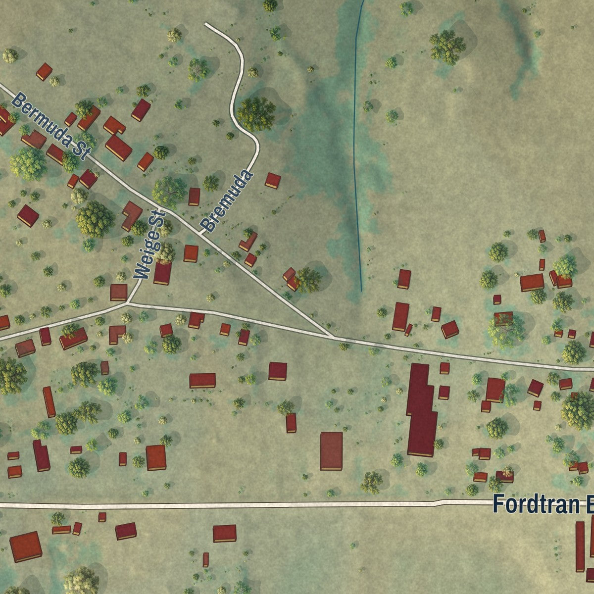 Close-up of the map of Industry, Texas print showing street and building detail