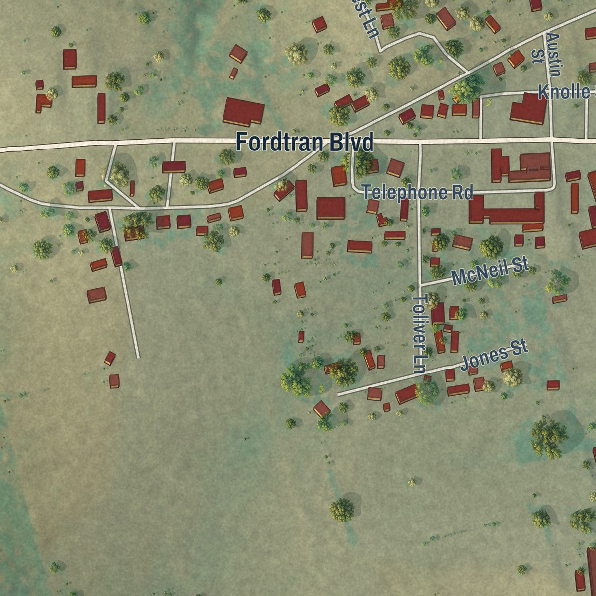 Second close-up of the map of Industry, Texas print showing more streets and buildings