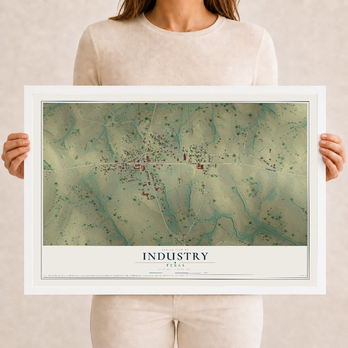 Map of Industry, Texas, 12 x 18 inch print in a white wood frame
