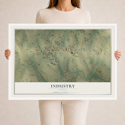 Map of Industry, Texas, 24 x 36 inch print in a white wood frame