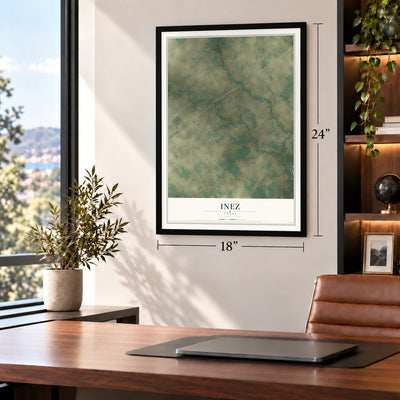 Inez, Texas map, 18 x 24 inch print in a black frame in a home office