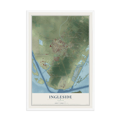 Map of Ingleside, Texas, 12 x 18 inch print in a white wood frame
