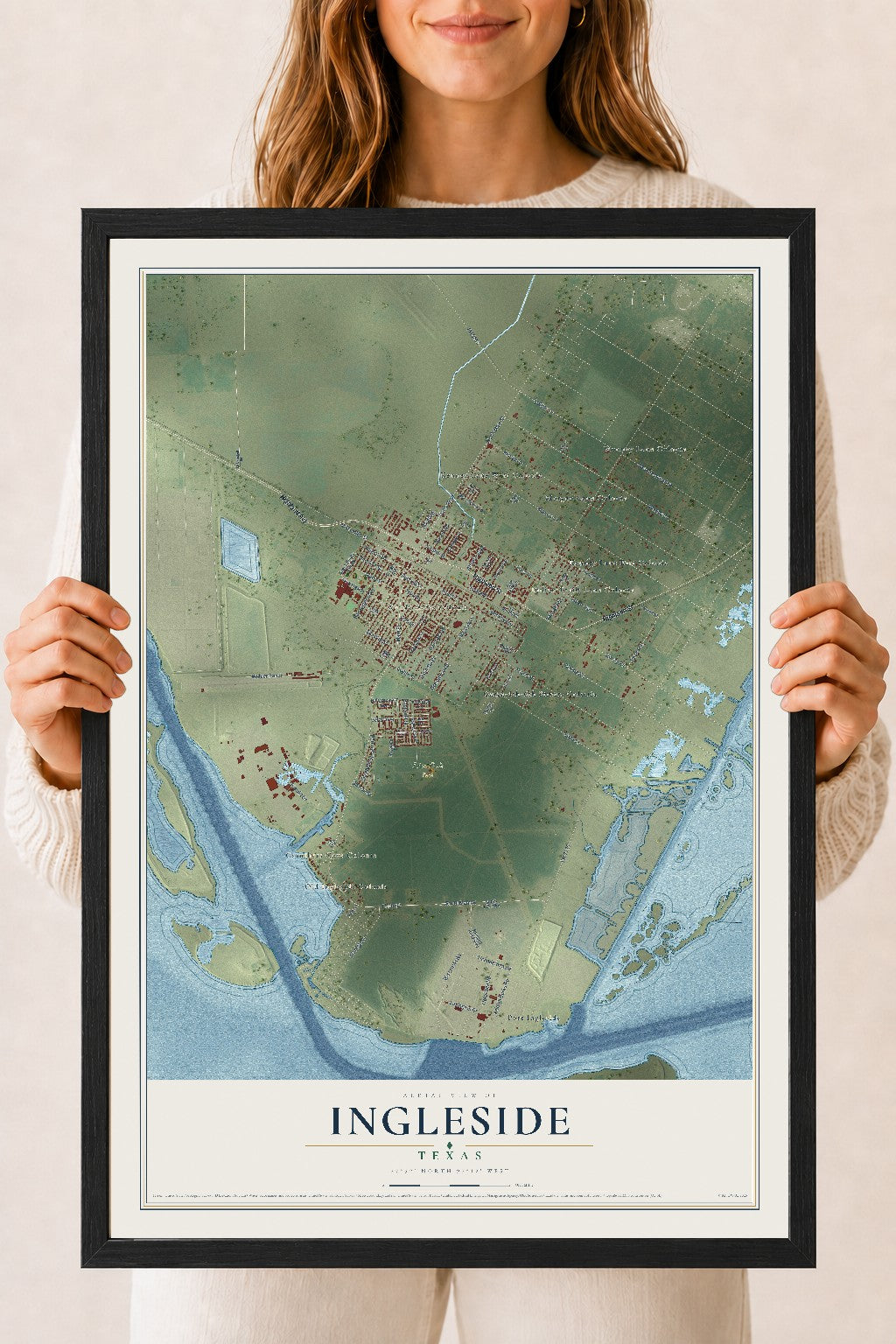 Map of Ingleside, Texas, 18 x 24 inch print in a black wood frame