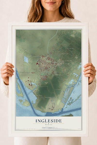 Map of Ingleside, Texas, 18 x 24 inch print in a white wood frame