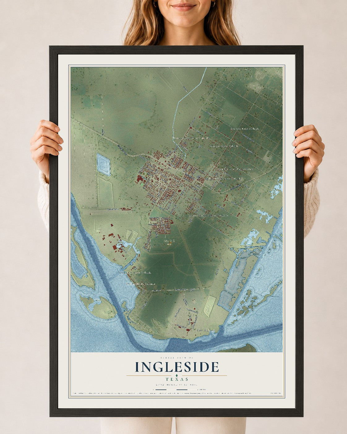 Map of Ingleside, Texas, 24 x 36 inch print in a black wood frame