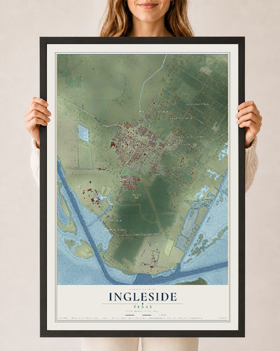 Map of Ingleside, Texas, 24 x 36 inch print in a black wood frame