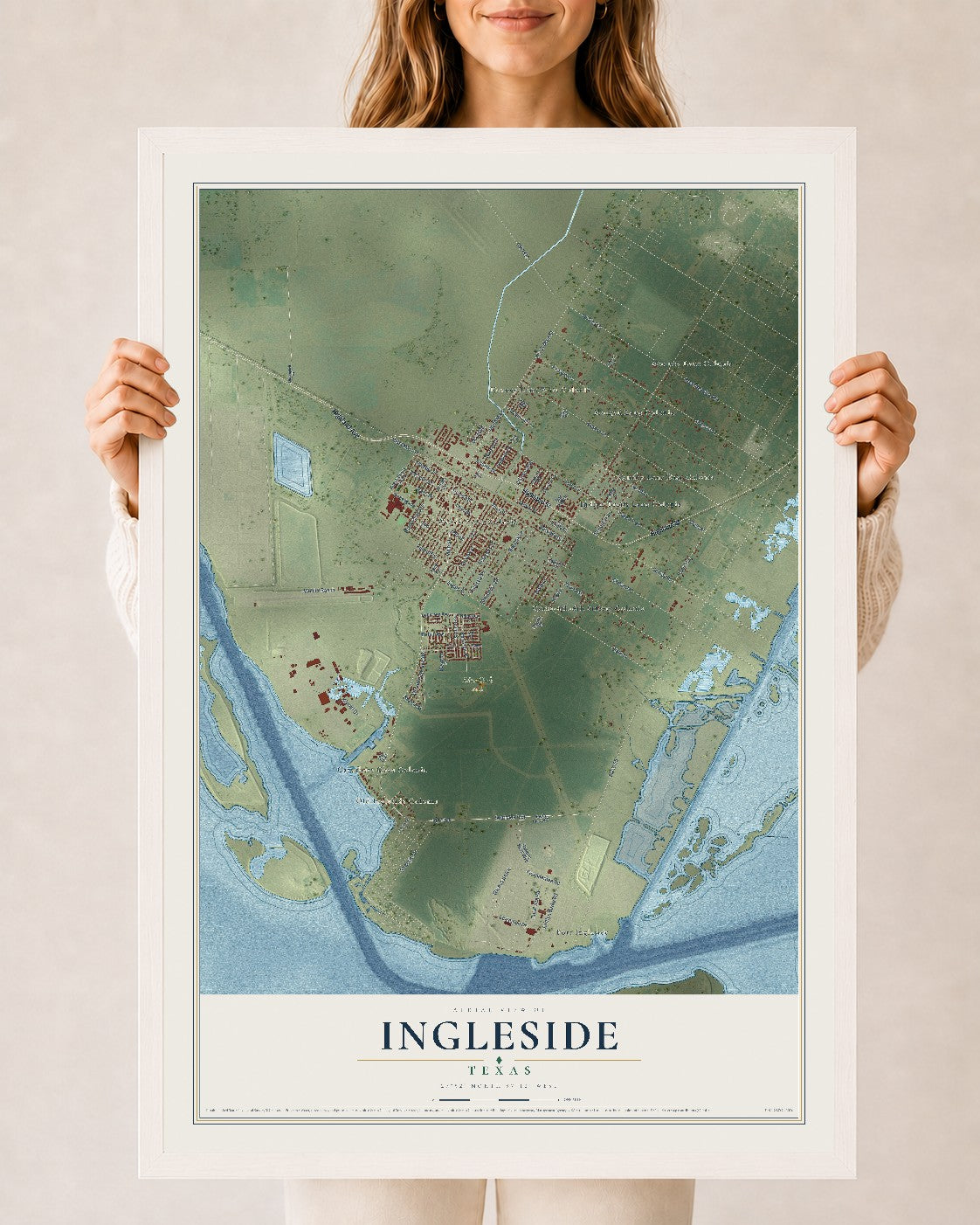 Map of Ingleside, Texas, 24 x 36 inch print in a white wood frame