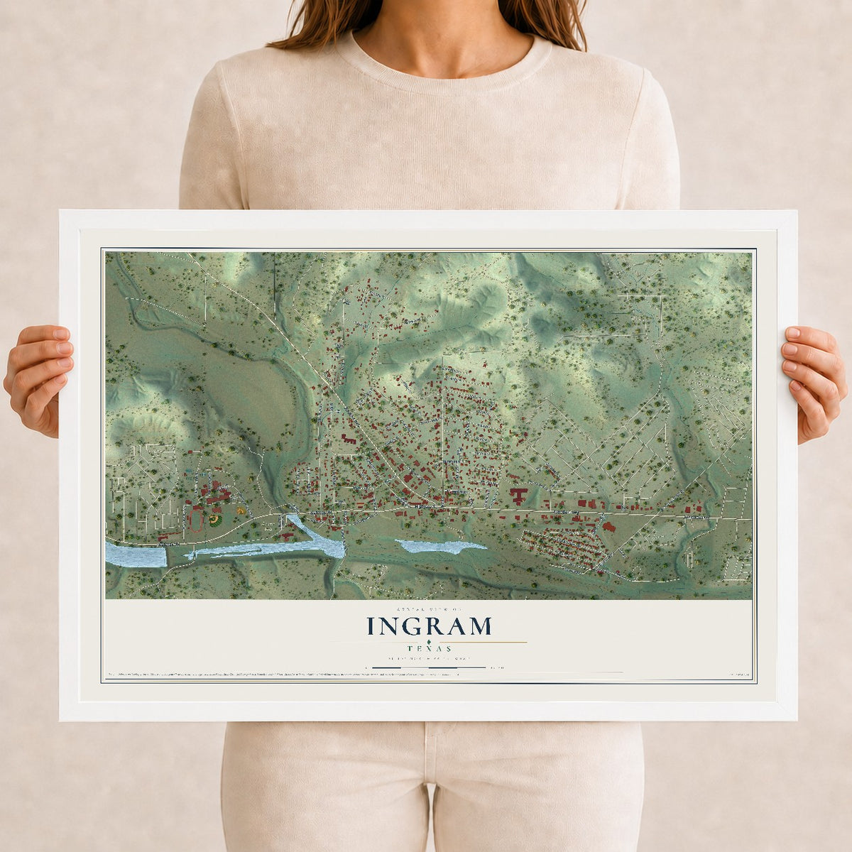 Map of Ingram, Texas, 12 x 18 inch print in a white wood frame
