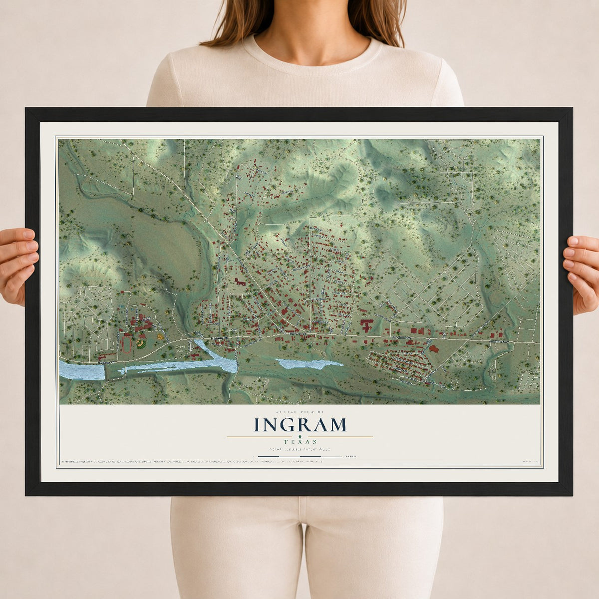 Map of Ingram, Texas, 18 x 24 inch print in a black wood frame