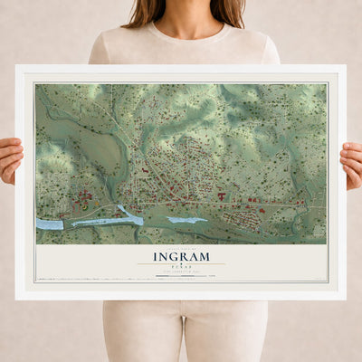 Map of Ingram, Texas, 18 x 24 inch print in a white wood frame