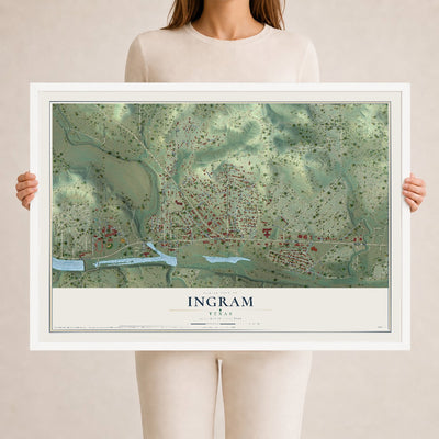 Map of Ingram, Texas, 24 x 36 inch print in a white wood frame