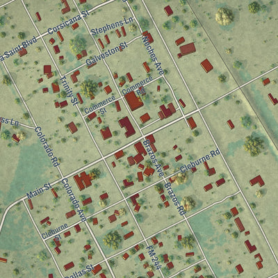 Close-up of the map of Iola, Texas print showing street and building detail