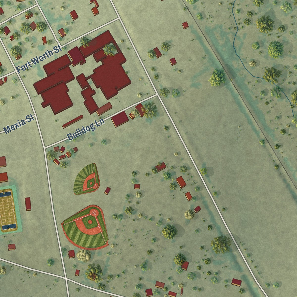 Second close-up of the map of Iola, Texas print showing more streets and buildings