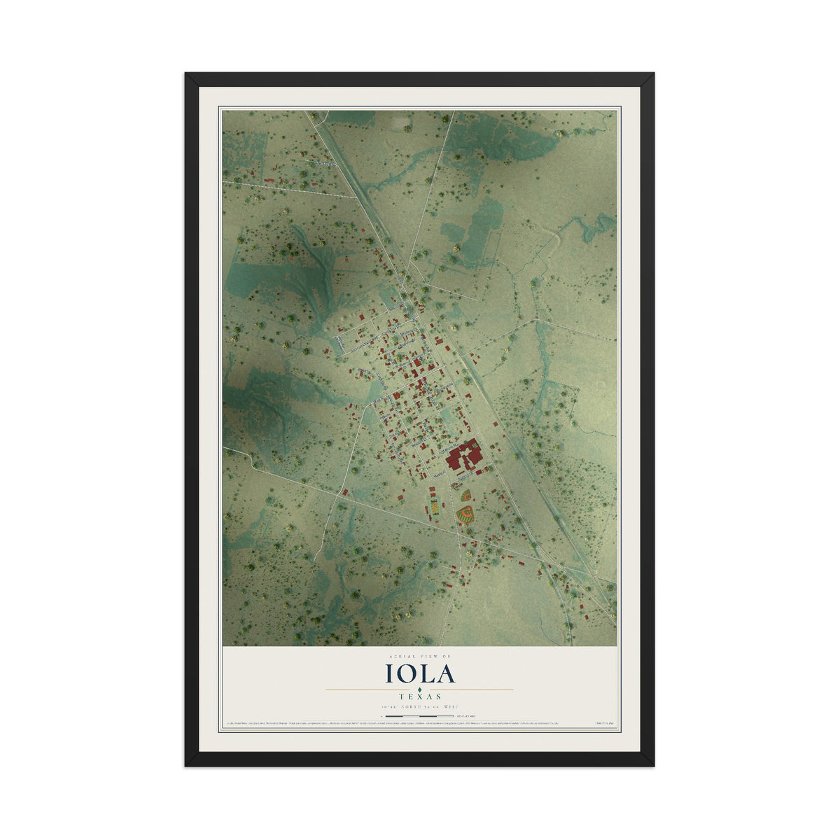Map of Iola, Texas, 12 x 18 inch print in a black wood frame