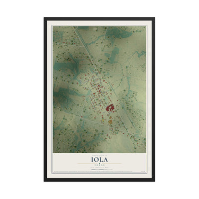 Map of Iola, Texas, 12 x 18 inch print in a black wood frame